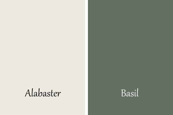 A side by side of Alabaster and Basil which is a green-gray color.