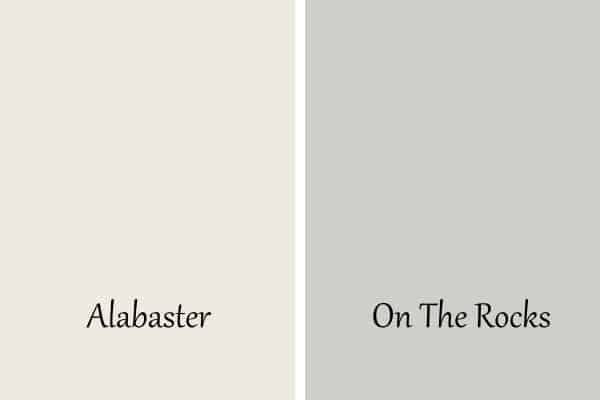 A side by side of Alabaster and On The Rocks with is a light gray.