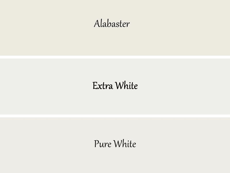 A comparison of alabaster and Extra White and Pure White.