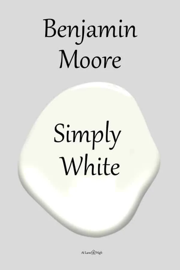 A swatch of Benjamin Moore Simply White with text overlay.