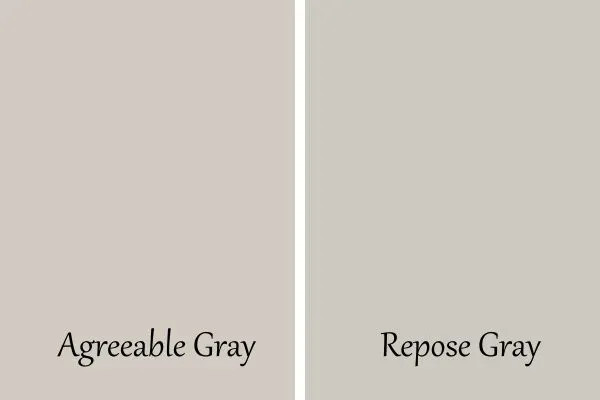 a side by side of agreeable gray and repose gray.