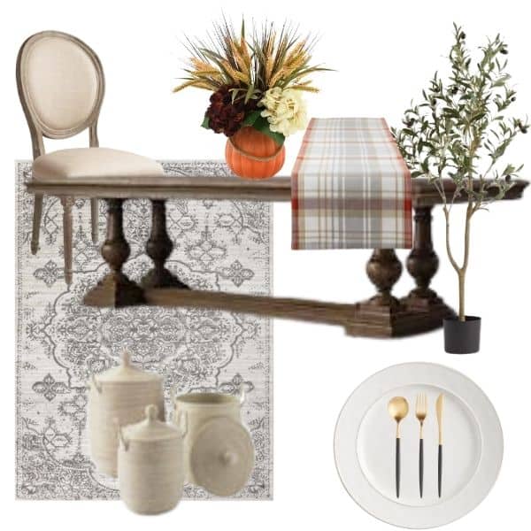 A brown dining table with a plaid table runner, beige upholstered chair and pumpkin floral arrangement.