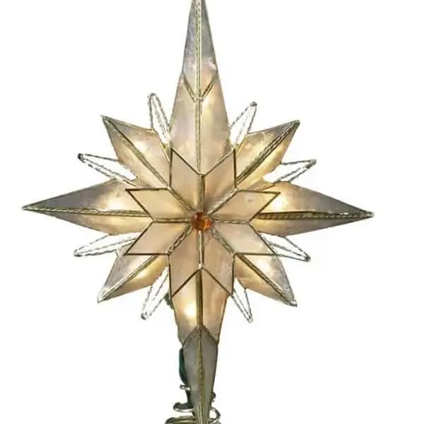 This star is shaped like a bethlehem star with lots of lights and an amber colored jewel in the center.