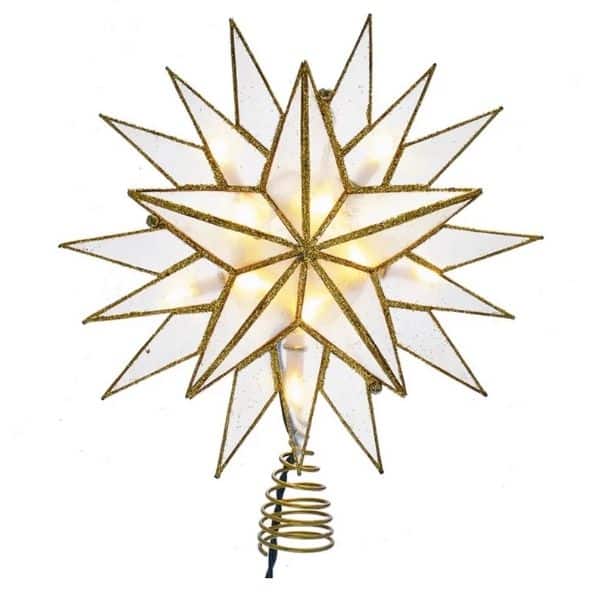 This tree topper is made of capiz and gold and is in a star burst shape.