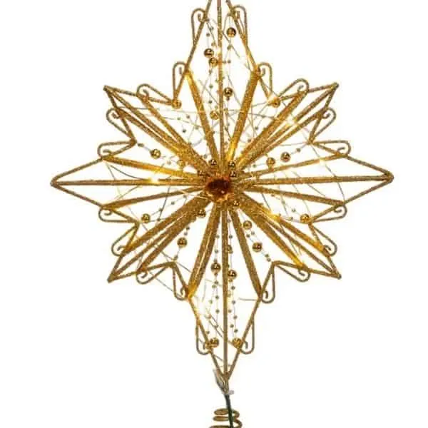 This fairy tree topper is made of gold and has fairy lights strung all over it.