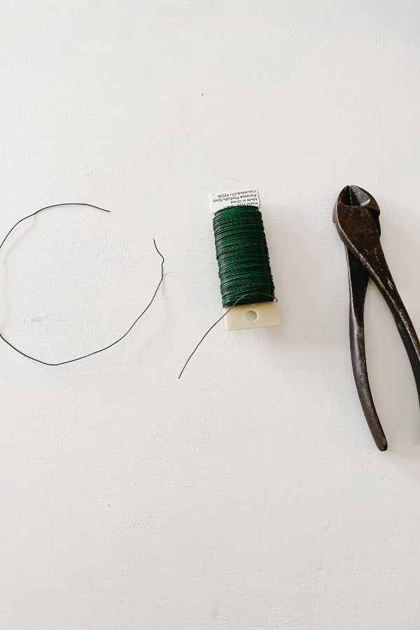 I gathered a wire and wire cutters and the cut wire for the craft and laid them out on a white table.