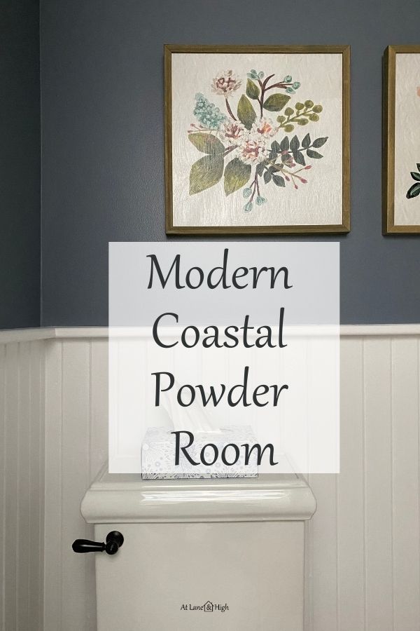 modern coastal powder room pin for Pinterest.