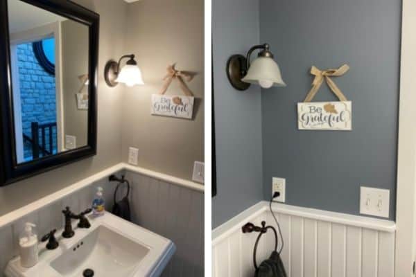 A side by side before and after of my modern coastal powder room.