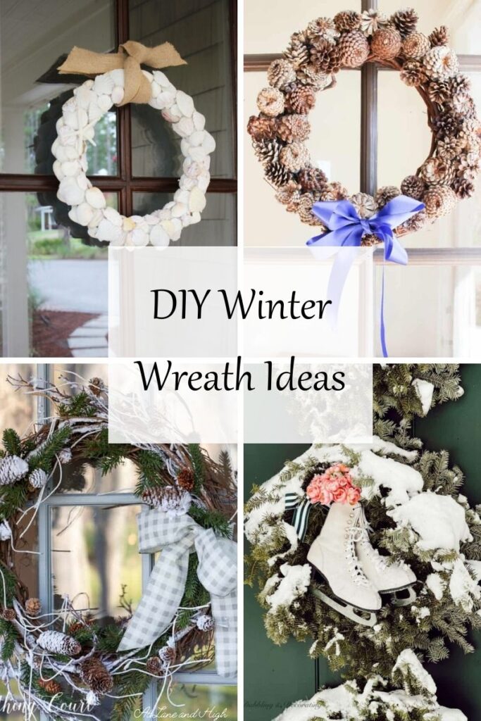 A grid of four winter wreaths with text overlap pin for Pinterest.