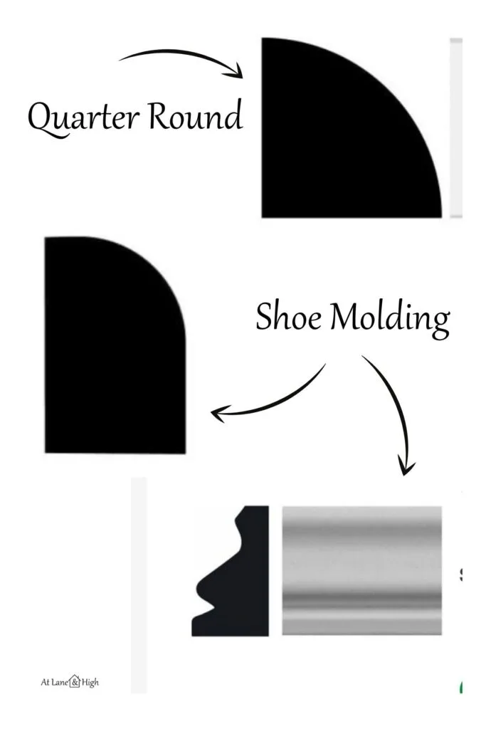 An image of a drawing of quarter round and two different types of shoe molding.