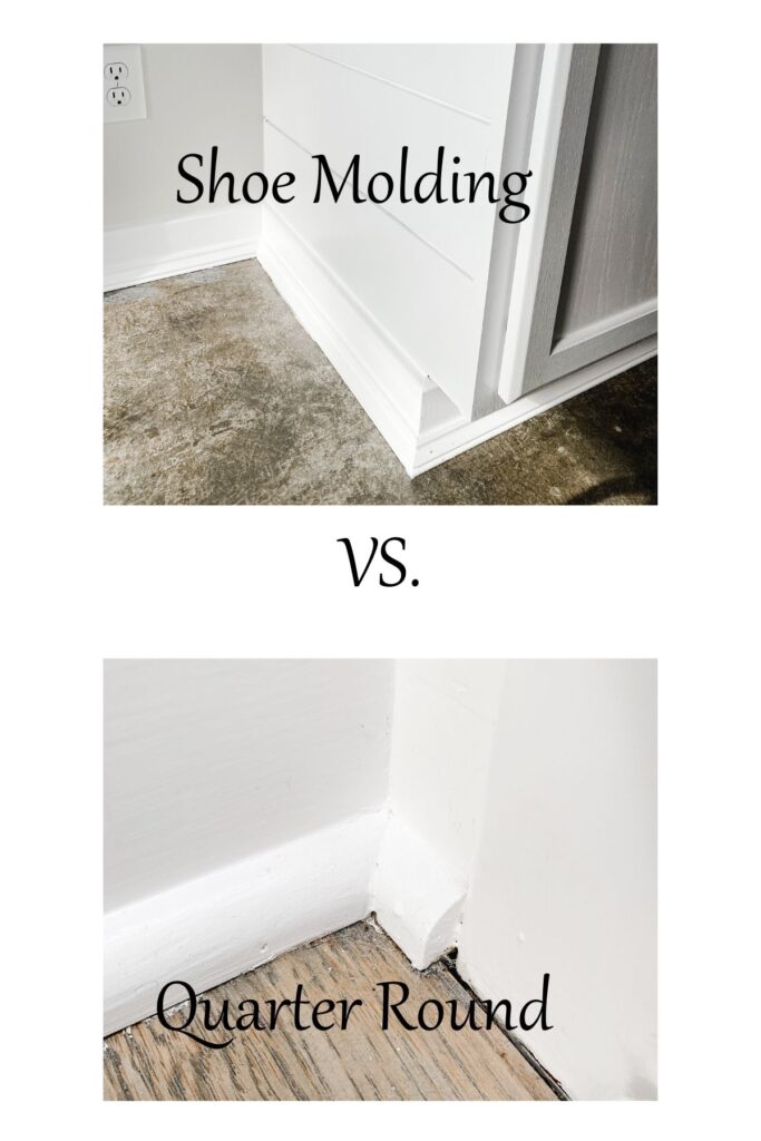two photos, one of shoe molding and one of quarter round both painted in white.