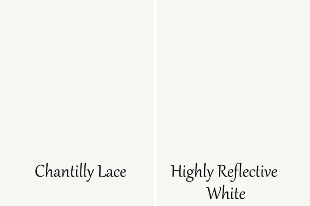 This is a side by side comparison of Chantilly Lace and Highly Reflective White.