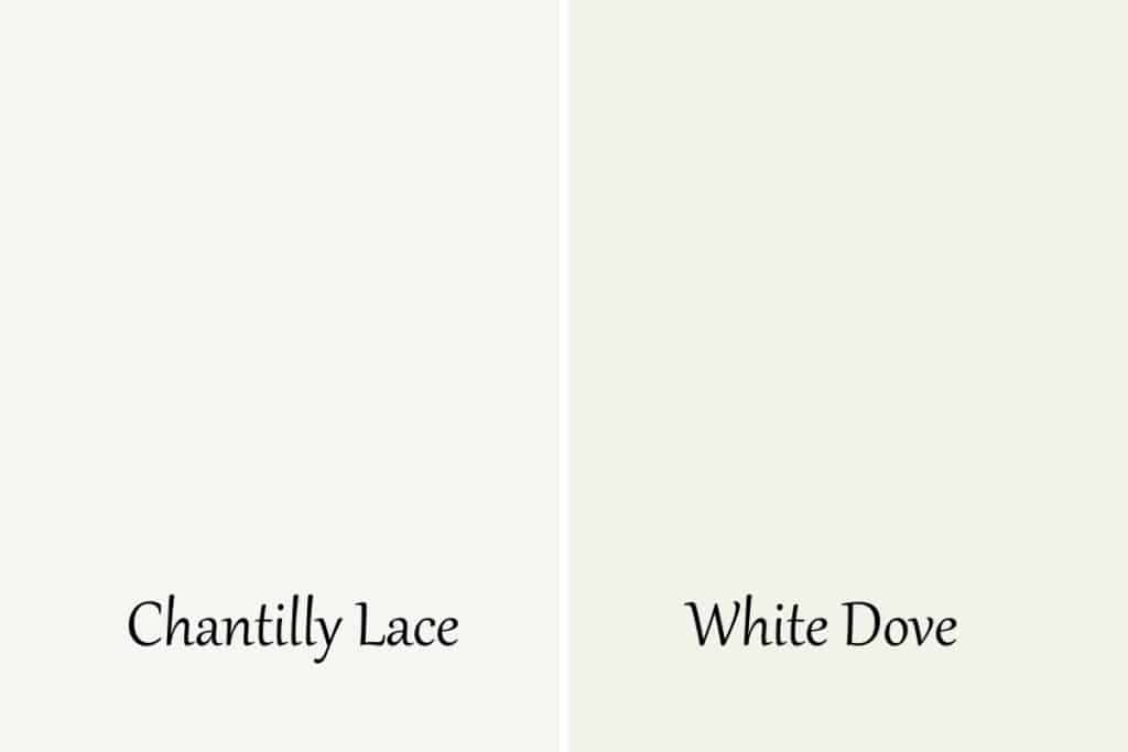 This is a side by side comparison of Chantilly Lace and White Dove.