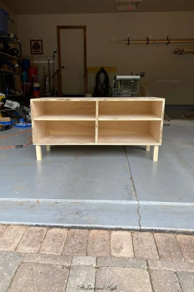The finished entertainment center with legs but before I covered the ugly plywood edges with veneer edge banding.