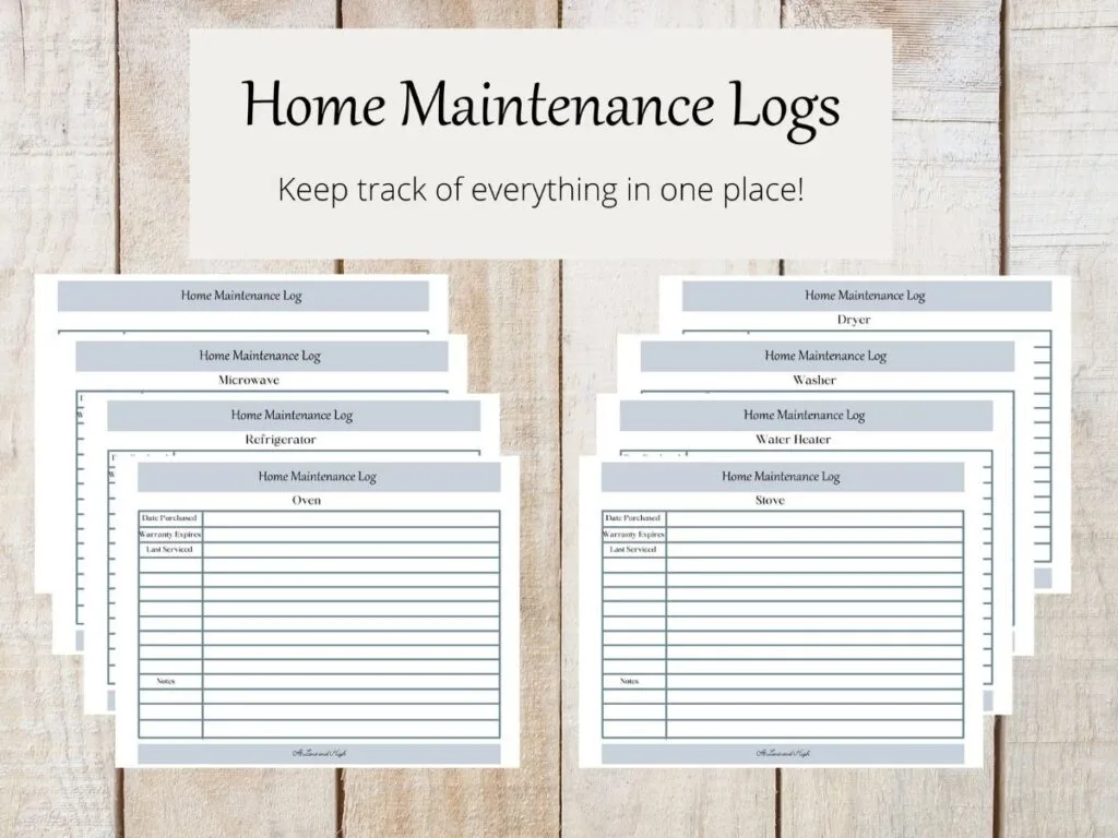 A wood background with images of all my home maintenance logs and text overlay.