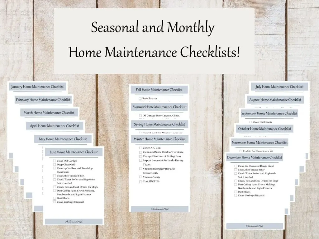 A wood background with seasonal and monthly home maintenance checklists and text overlay.