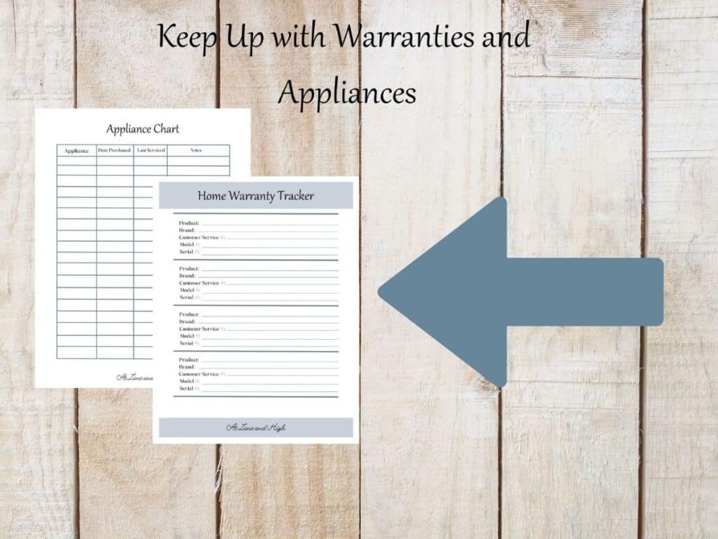 A wood background with appliance chart and home warranty tracker with text overlay.