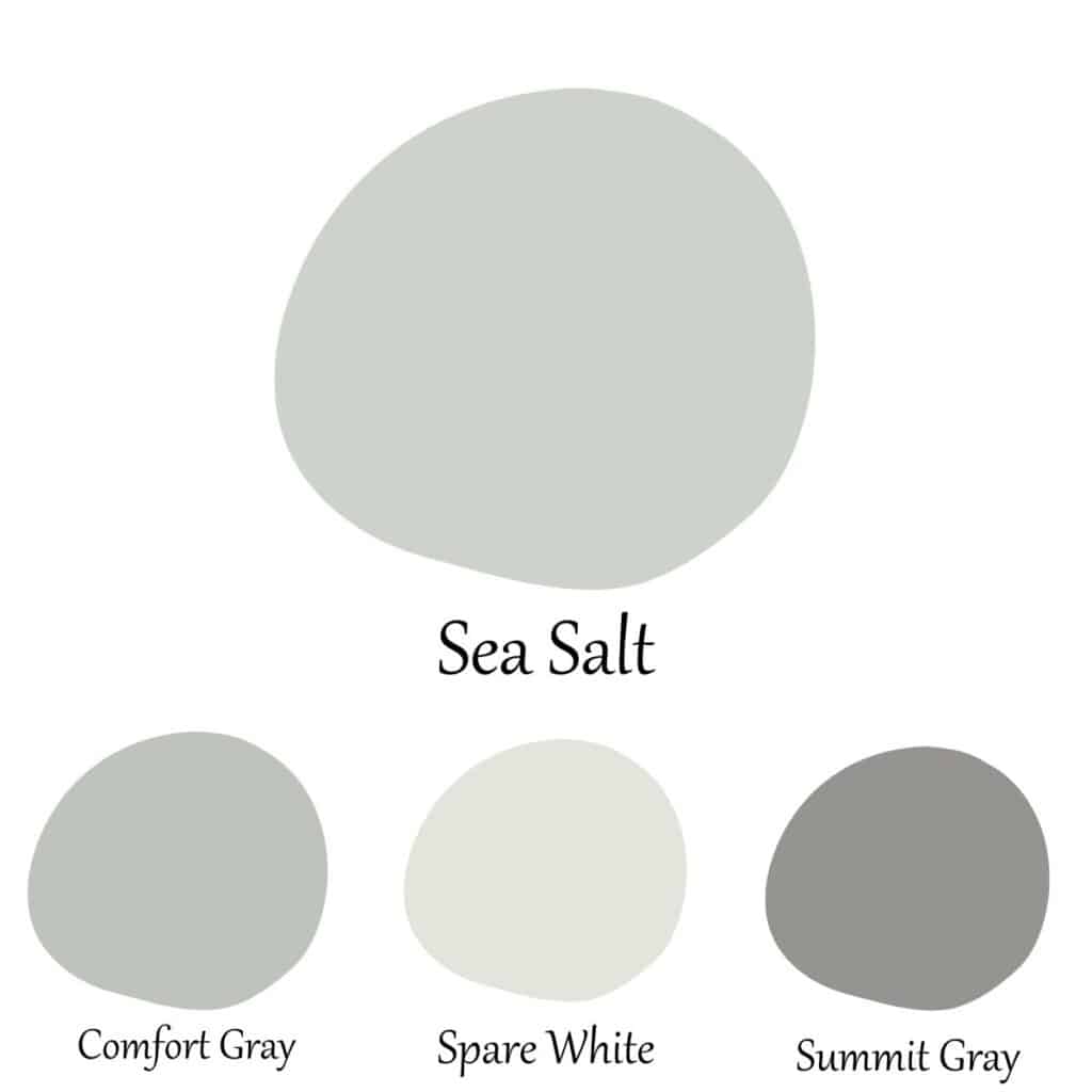 Four swatches of paint colors: Sea Salt, Comfort Gray, Spare White, and Summit Gray.