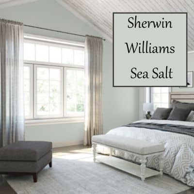 A bedroom painted with Sea Salt and a swatch of Sea Salt with text overlay.