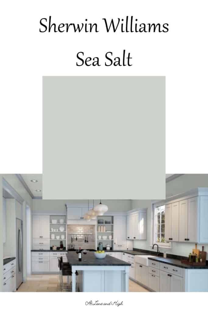 A kitchen painted with Sea Salt, a swatch of sea salt and text overlay.