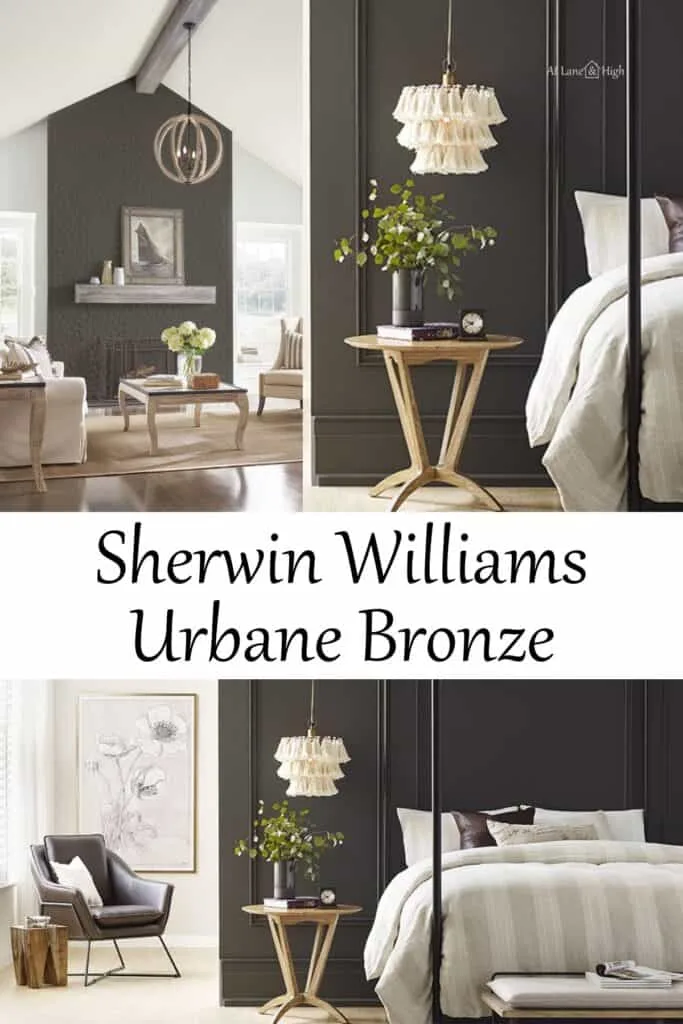 Three photos showcasing Urbane Bronze in rooms with text overlay pin for Pinterest.