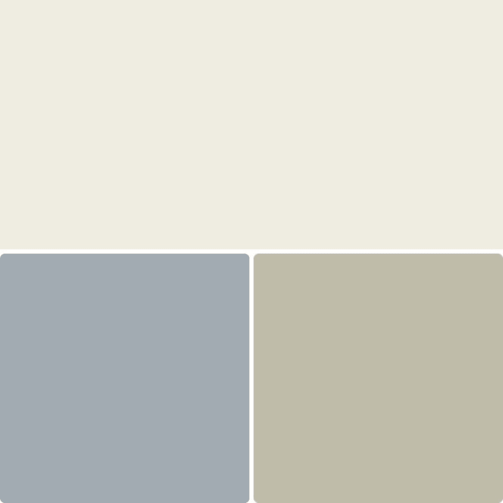 A swatch of Benjamin Moore Swiss Coffee with two coordinating colors.