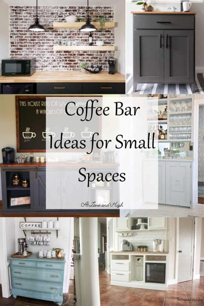 Six different coffee bar ideas for small spaces with text overlay pin for Pinterest.