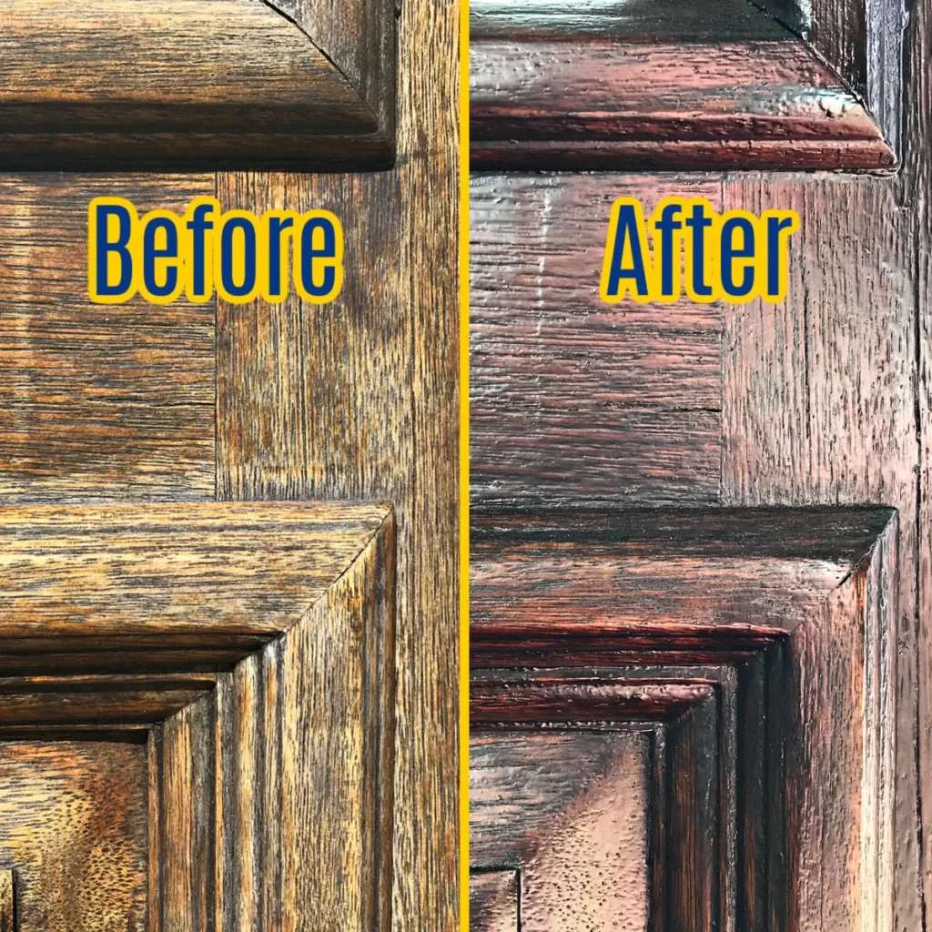 This is a before and after of a front door that has been re-stained.