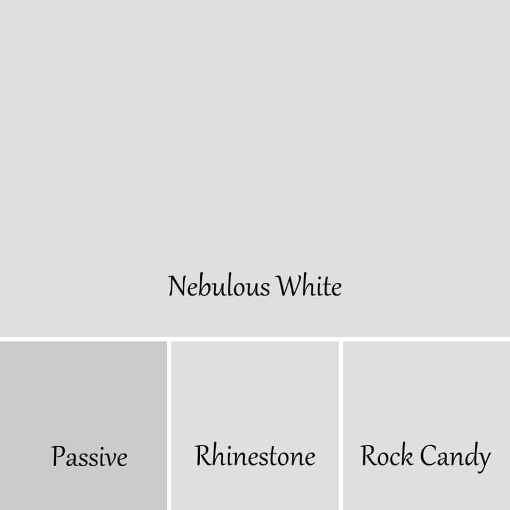 This is a comparison of Nebulous White to Passive, Rhinestone, and Rock Candy.