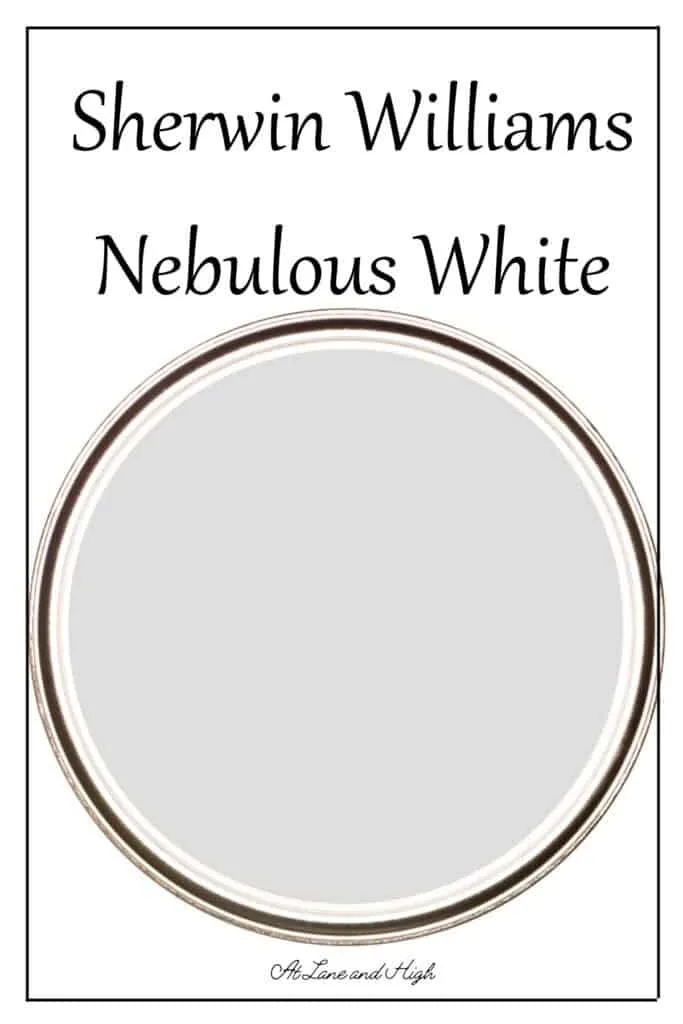 The top of a paint can showing Sherwin Williams Nebulous White with text overlay.