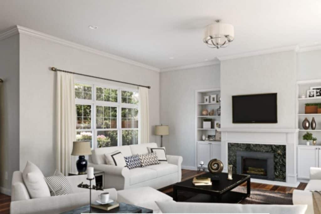 A family room with white sofas, black coffee tables hardwood floors and Nebulous White on the walls.