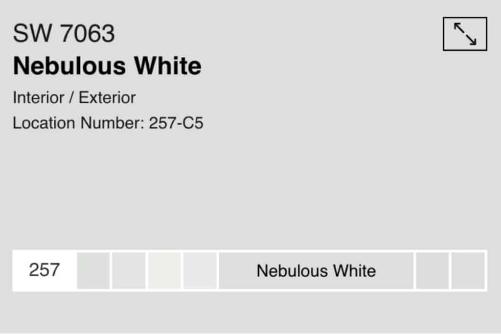 A swatch of Sherwin Williams nebulous white with text overlay.