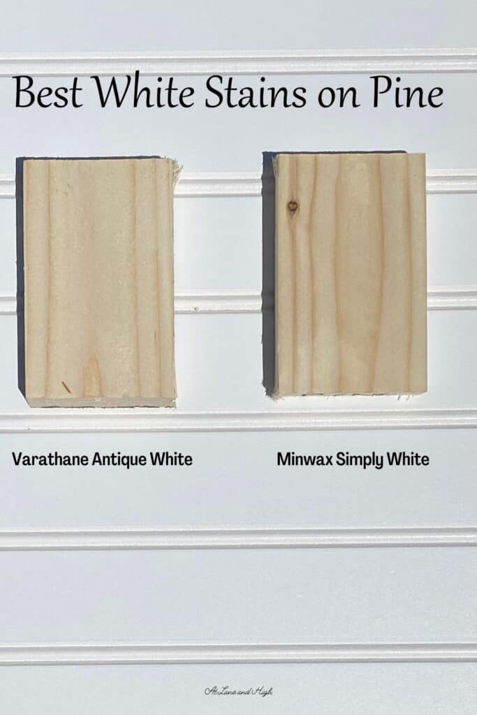 two pieces of pine stained white but it barely shows a difference on a background of white beadboard and text ovearlay