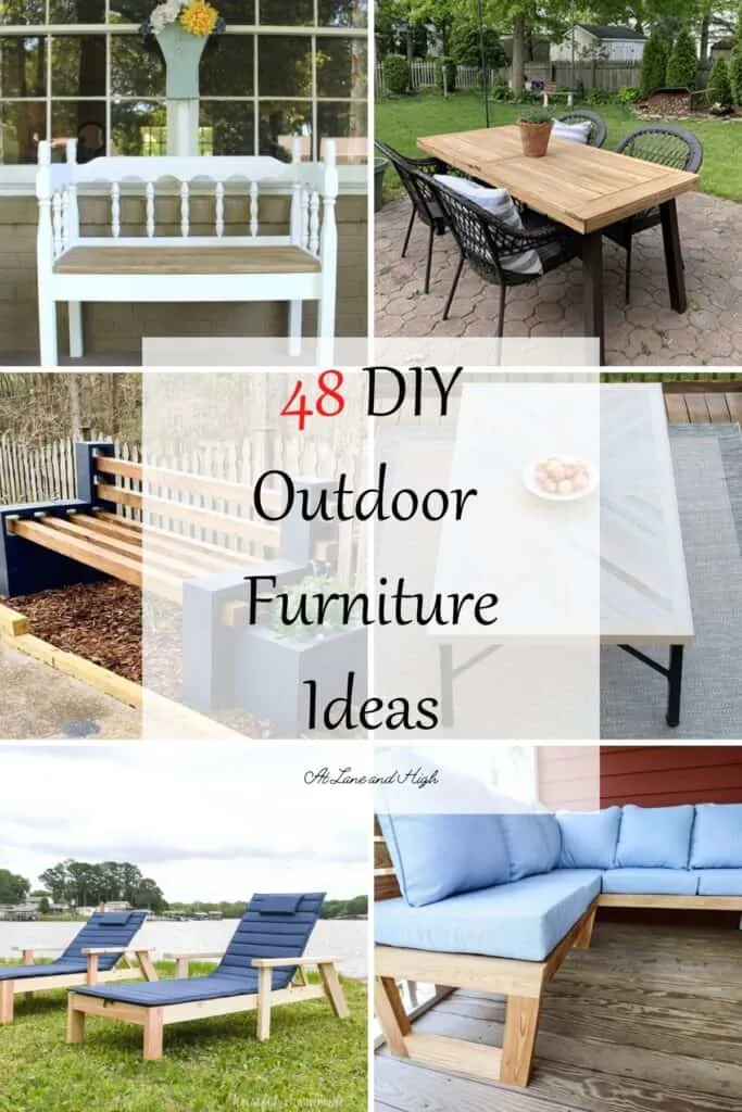 A grid of 6 photos with text overlay of DIY outdoor furniture ideas.