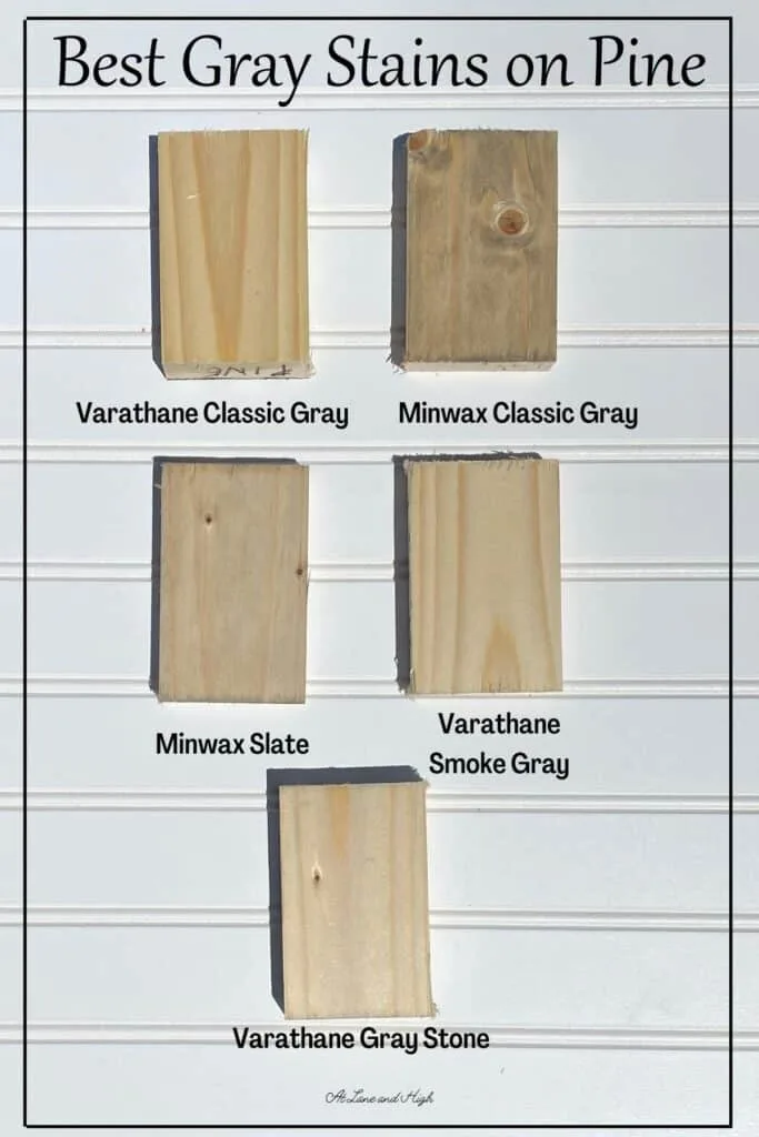 five examples of gray wood stains on pine wood with a white beadboard background and text overlay.