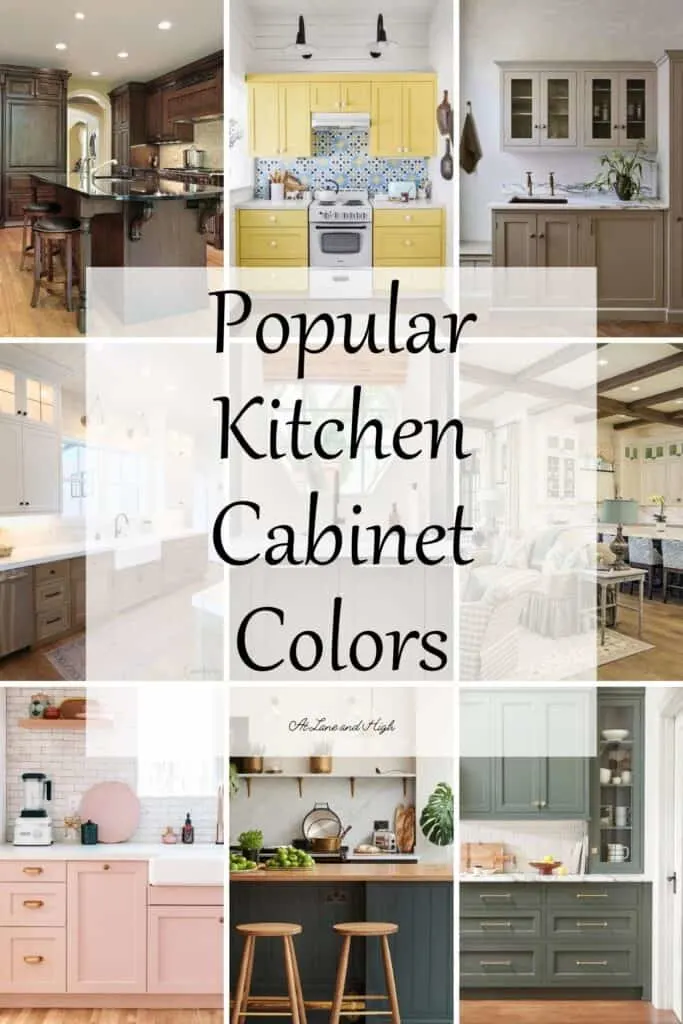 A collage of 9 different kitchens with all the cabinets of different colors.