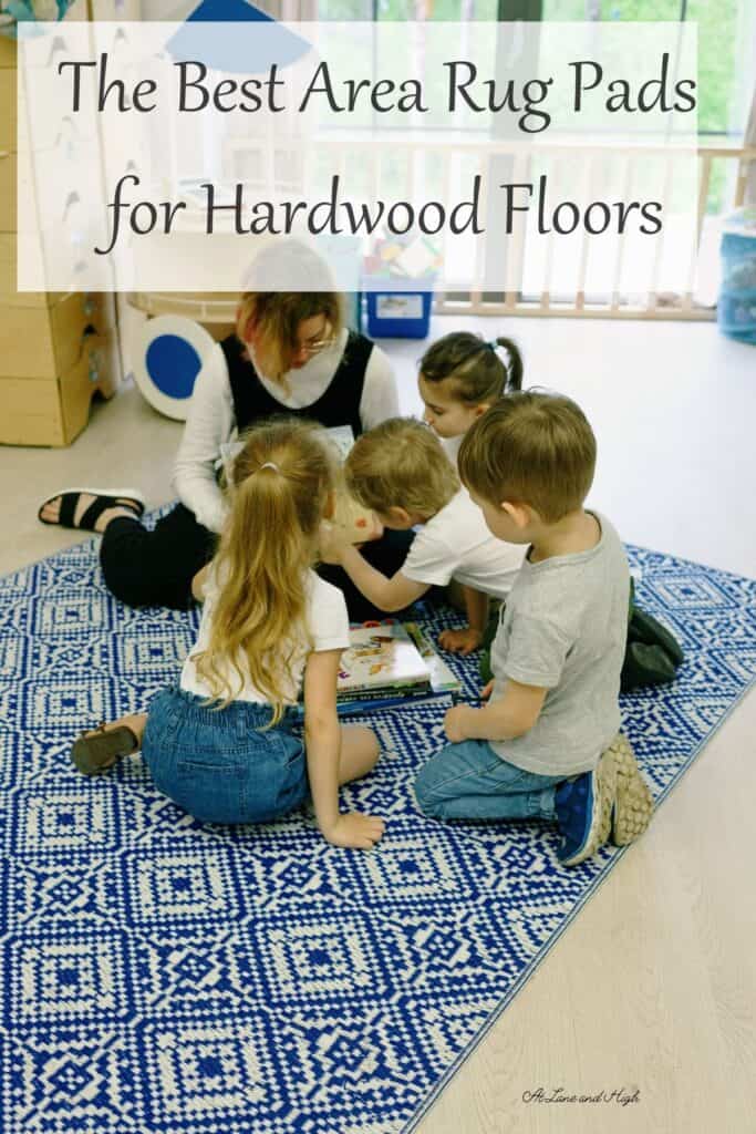 A teacher and students sitting on an area rug in a classroom with text overlay.