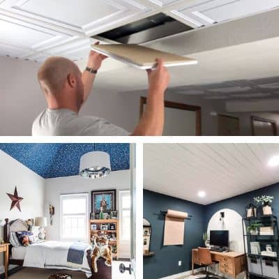 Three images of unique ceiling ideas in a grid.