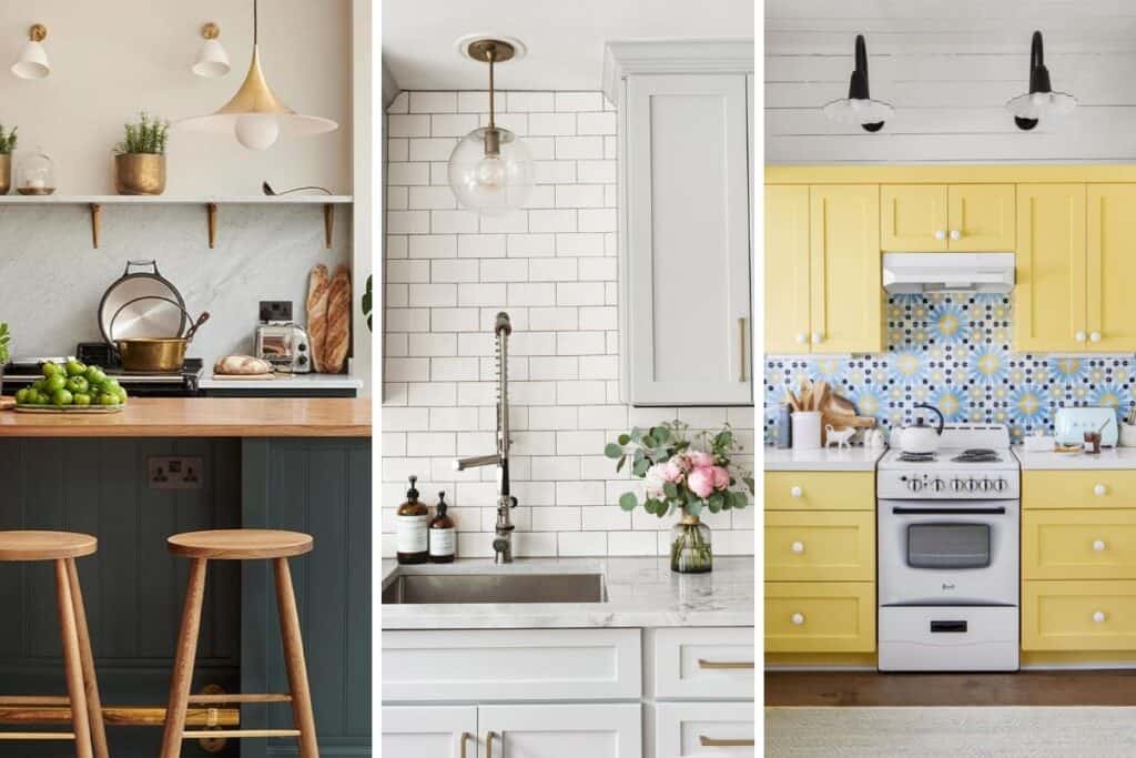 A side by side of three kitchens with different colors cabinets.