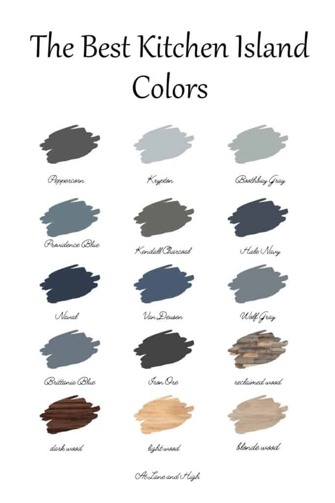 15 different swatches of colors that will look good on a kitchen island.