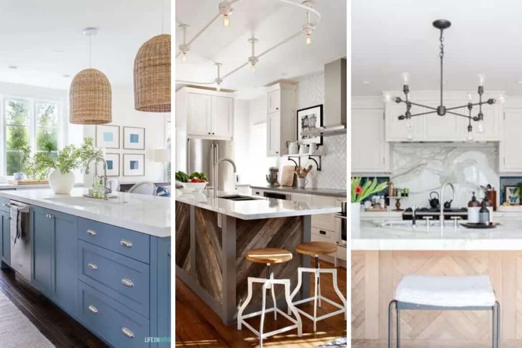 Three side by sides of different kitchens with contrasting kitchen islands.