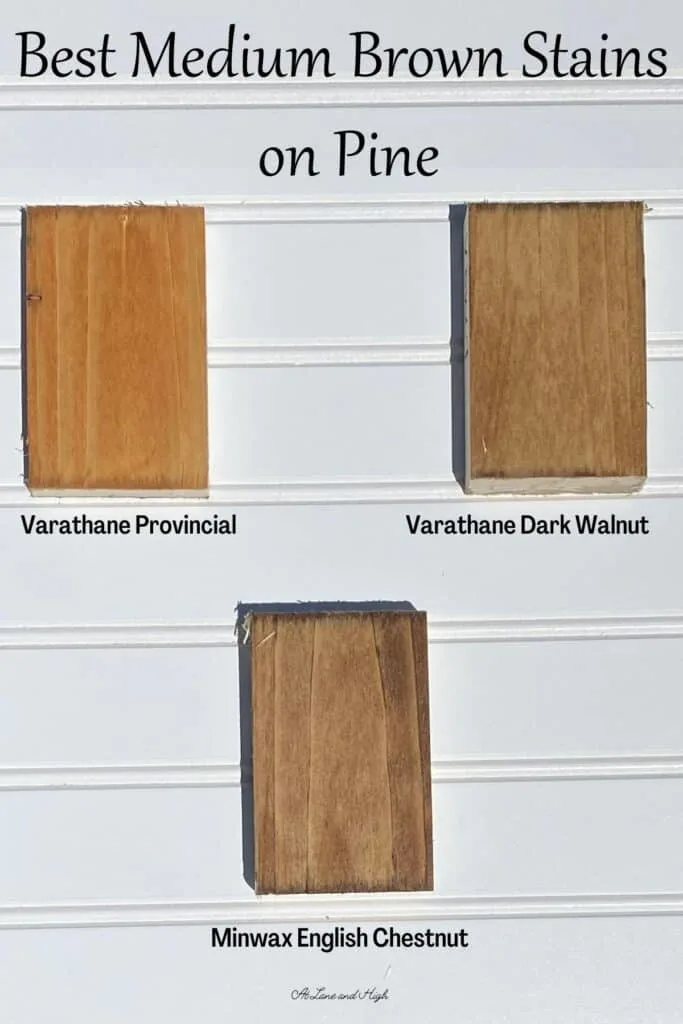three examples of medium brown stains on pine with white beadboard background and text overlay.
