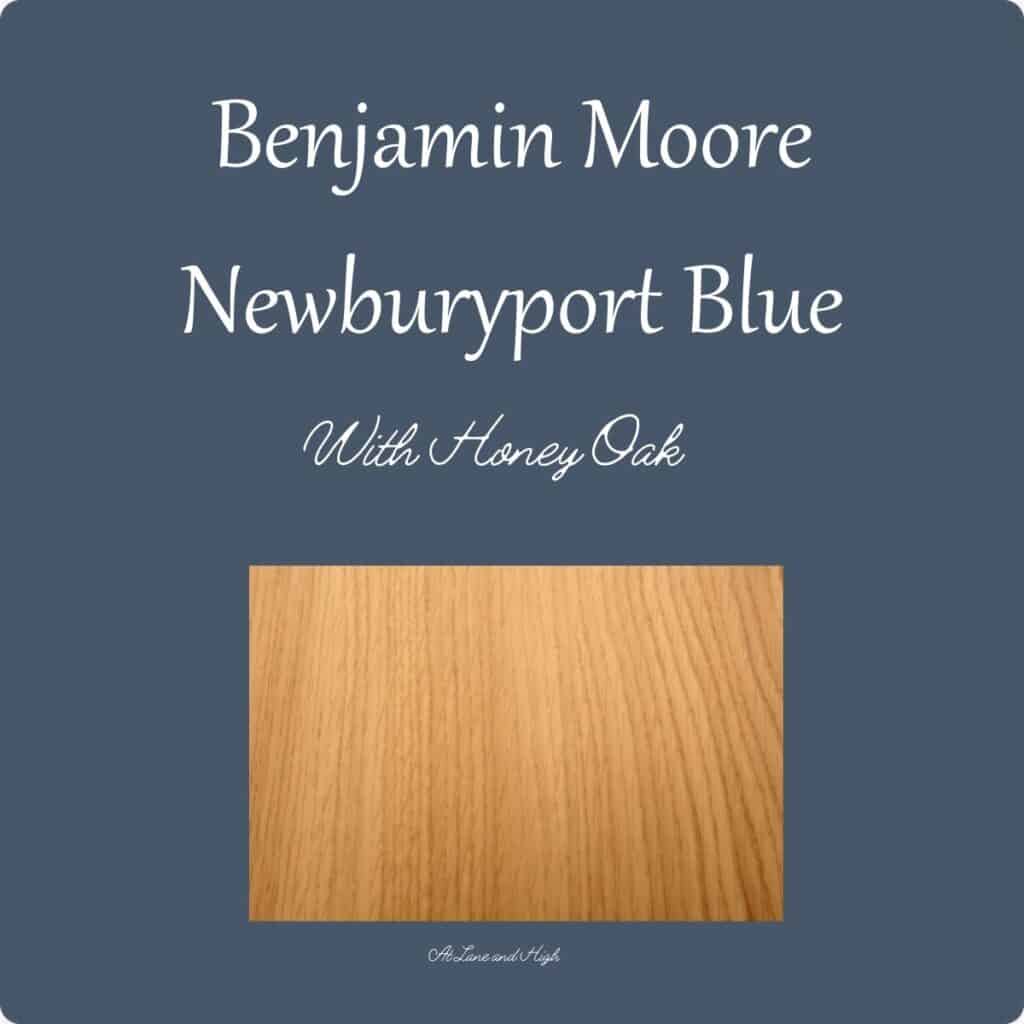 Newburyport Blue paired with honey oak wood.