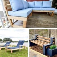 A grid of three images of DIY outdoor furniture, a sectional, a bench, and a lounge chair.