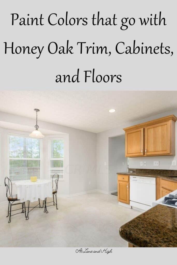 A kitchen with paint colors that go with honey oak trim/cabinets with text overlay.