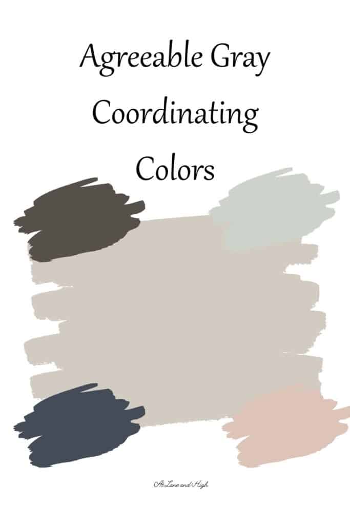 A swatch of agreeable gray with four other coordinating colors in pink, navy, light blue/green and a dark brown.