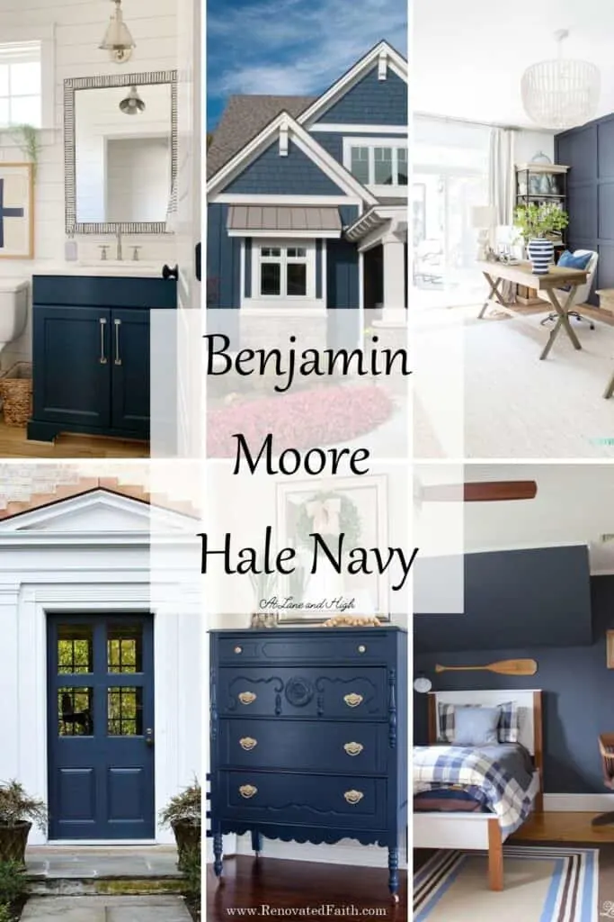 A collection of 6 rooms that have incorporated Hale Navy with text overlay.