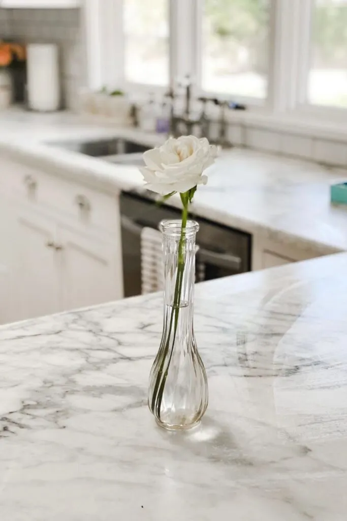 A marble countertop with a vase and one white carnation.