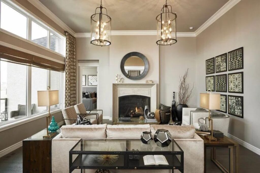 A family room with Thunder on the walls, dark hardwood floors and neutral furniture.