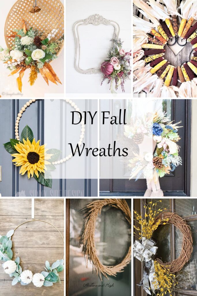 A grid of 8 images of fall front door wreaths with text overlay.
